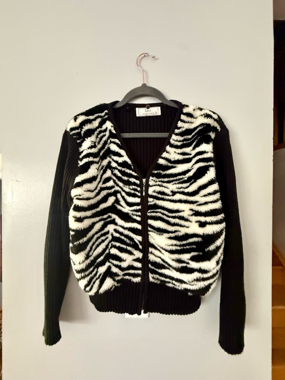 Lisa International Black & White Zebra Faux-Fur V-Neck Zip Sweater
